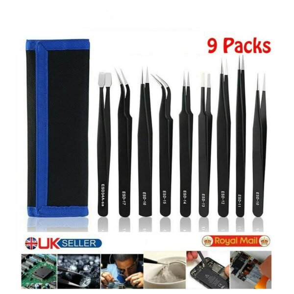 9 Pcs Professional Coated Precision Tweezers Set ESD Non-Magnetic
