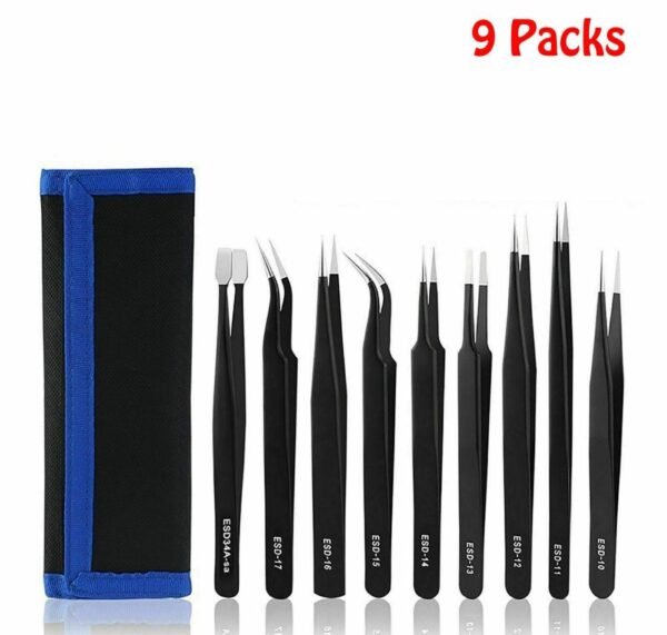 9 Pcs Professional Coated Precision Tweezers Set ESD Non-Magnetic - Image 3